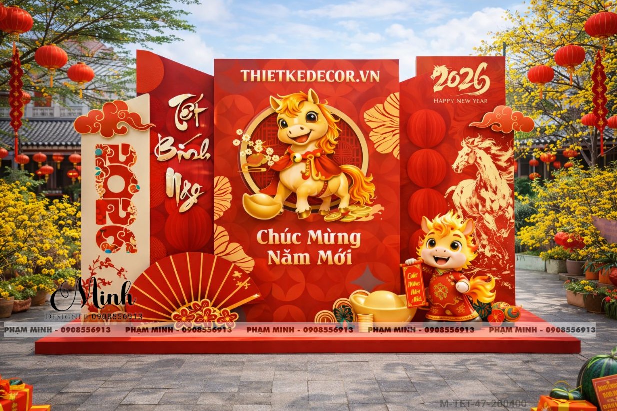 File thiết kế trang trí Tết 2026 Xuân Bính Ngọ decor tiểu cảnh không gian chụp ảnh checkin cho Sảnh chung cư, Nhà hàng, khách sạn, trường học, quán cà phê sang trọng, đẹp mắt.